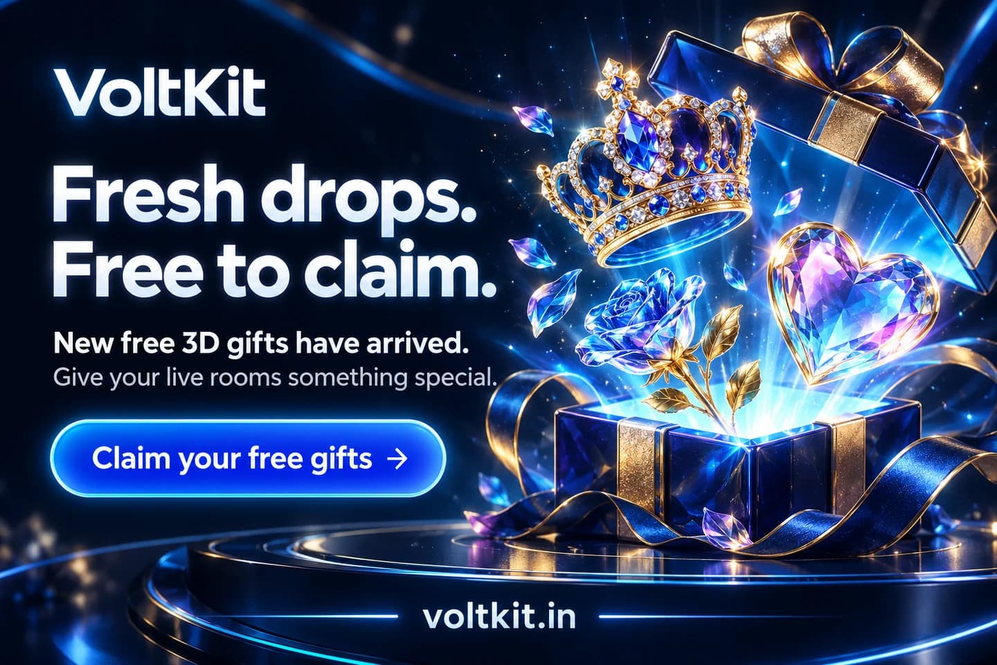 Free 3D gifts for your live rooms: crowns, crystal hearts and celebration gifts. Browse gifts marked Free.