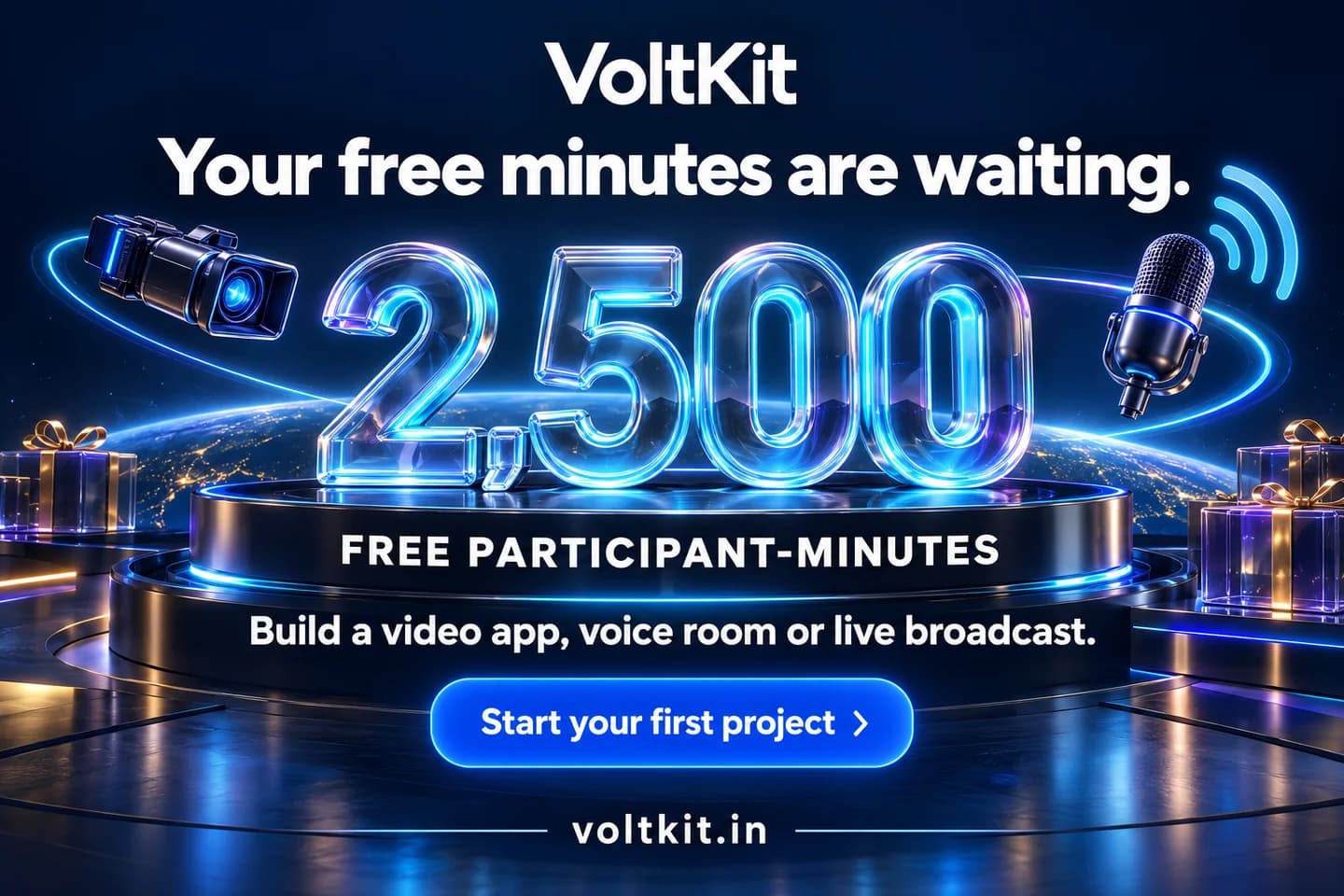 2,500 free participant-minutes to test a video app, voice room or live broadcast on your first project.