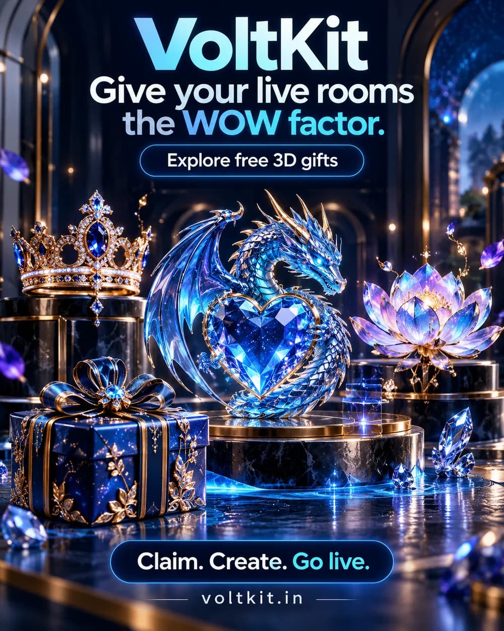 Give your live rooms the wow factor: free 3D gifts such as crowns, crystal hearts, dragons and lotus flowers. Claim, create, go live.