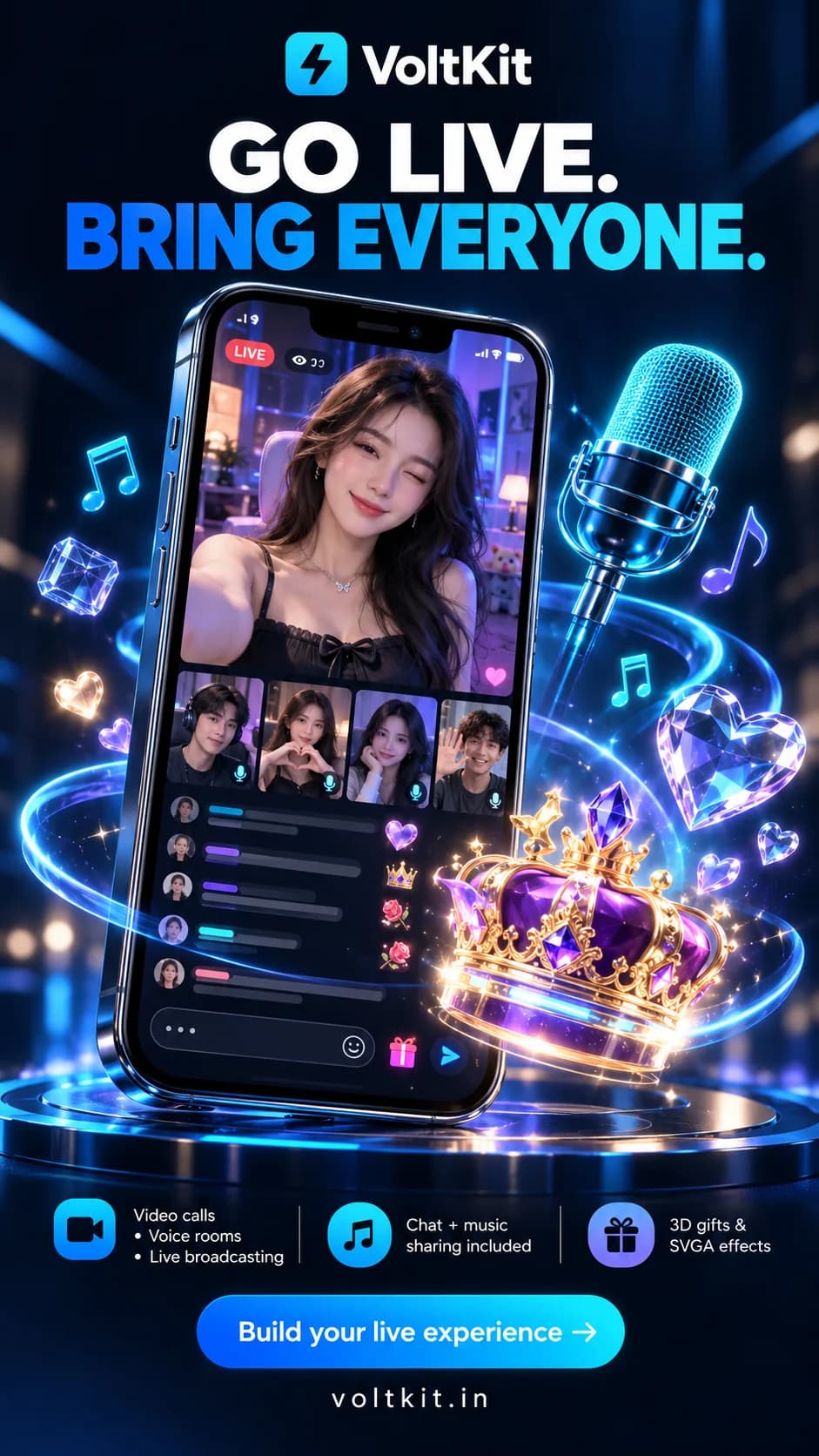 Video calls, voice rooms, live broadcasting, chat, music sharing and 3D gift effects for your app.
