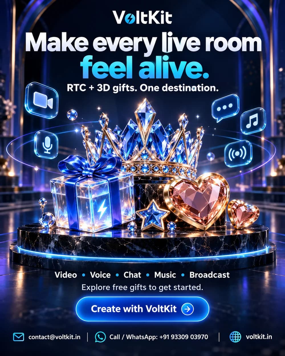 Make every live room feel alive: RTC and 3D gifts in one place, for video, voice, chat, music and broadcast. Explore free gifts to get started.