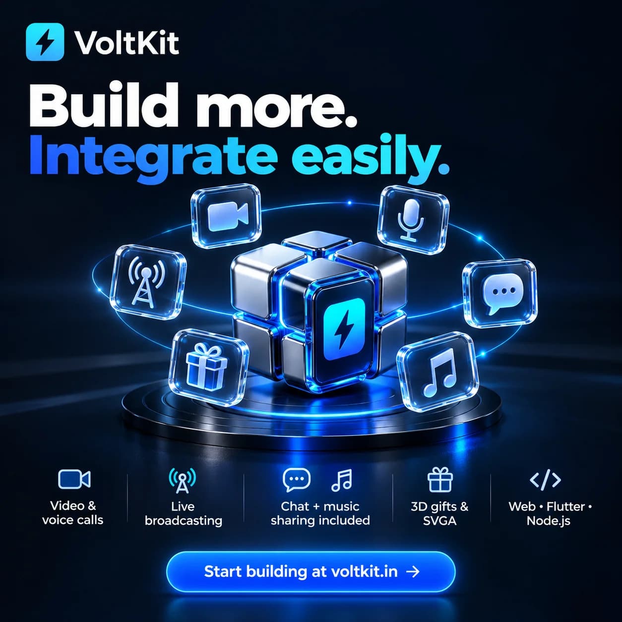 One media hub for video, voice, broadcast, chat, music and 3D gifts, with web, Flutter and Node.js SDKs.