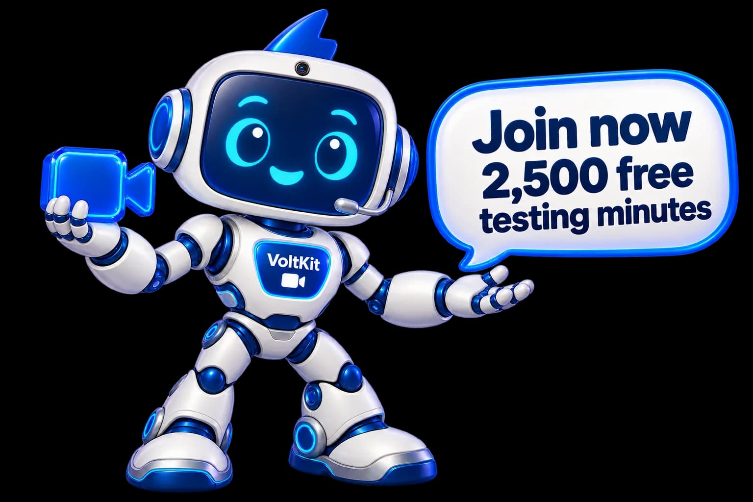 The VoltKit robot holds a video camera beside a speech bubble: Join now, 2,500 free testing minutes.