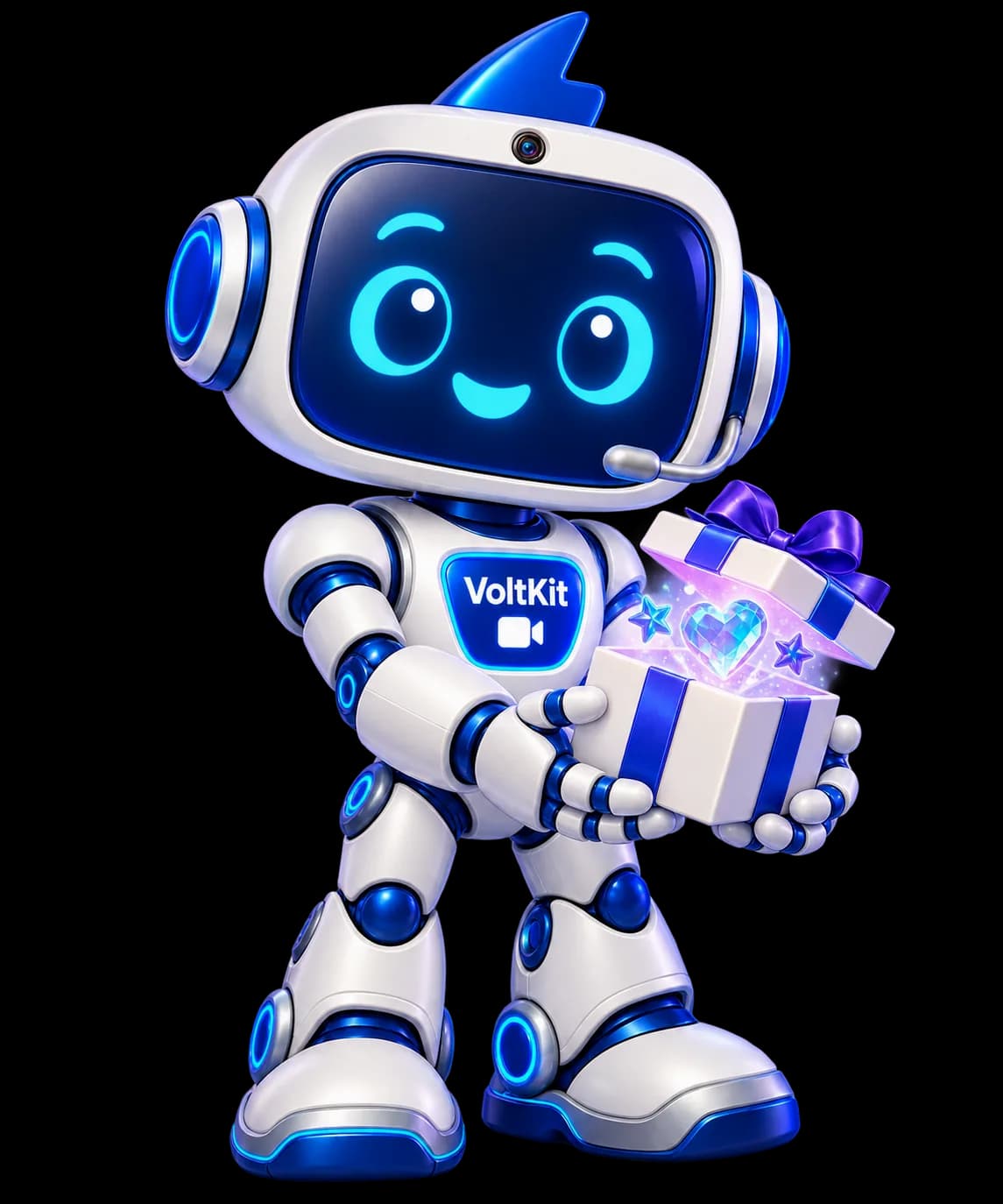The VoltKit robot holds an open gift box with a crystal heart rising out of it.