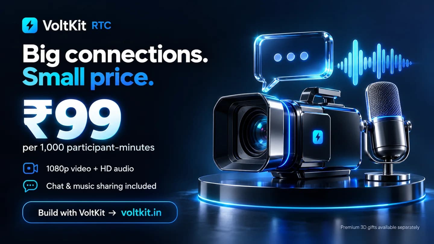 VoltKit: ₹99 per 1,000 participant-minutes, 1080p video with HD audio, chat and music sharing included.